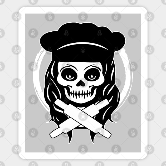 Female Baker Skull and Rolling Pins White Logo Magnet by Nuletto